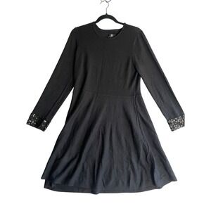 Jason Wu‎ Black Knit Fit and Flare Long Sleeve Dress Sequin Cuff Career Casual L
